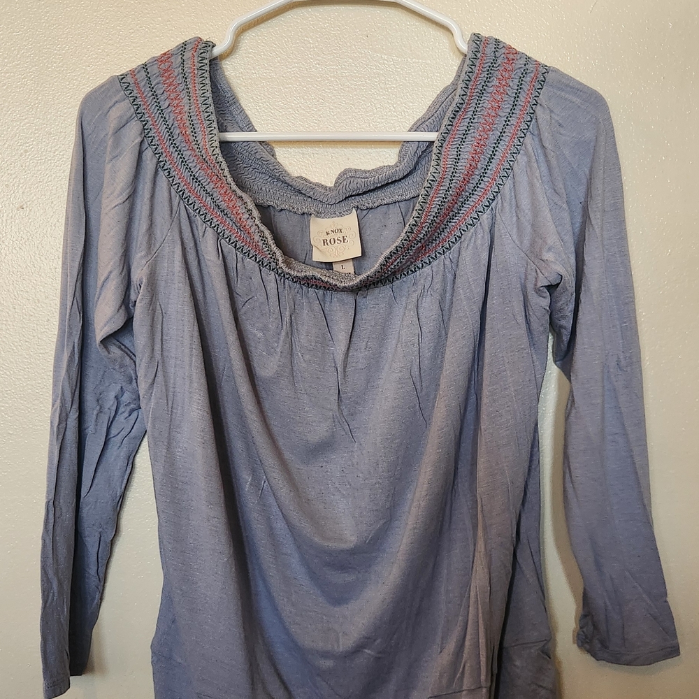 Knox Rose Blue Peasant Top with Pink Accents